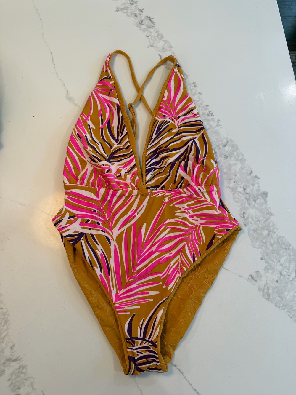 Maaji Sexy One-Piece Swimsuit in Mustard with Pink Palm Print- never worn!